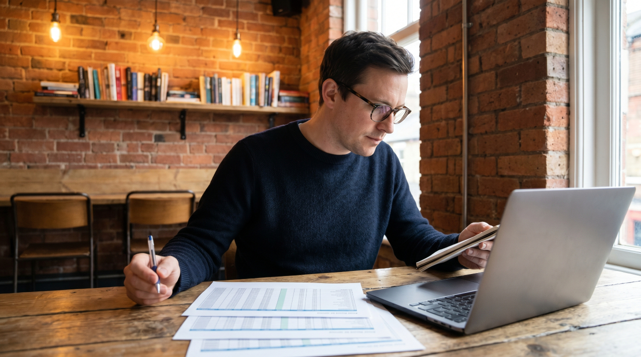 Small business owner reviewing startup funding documents in UK office