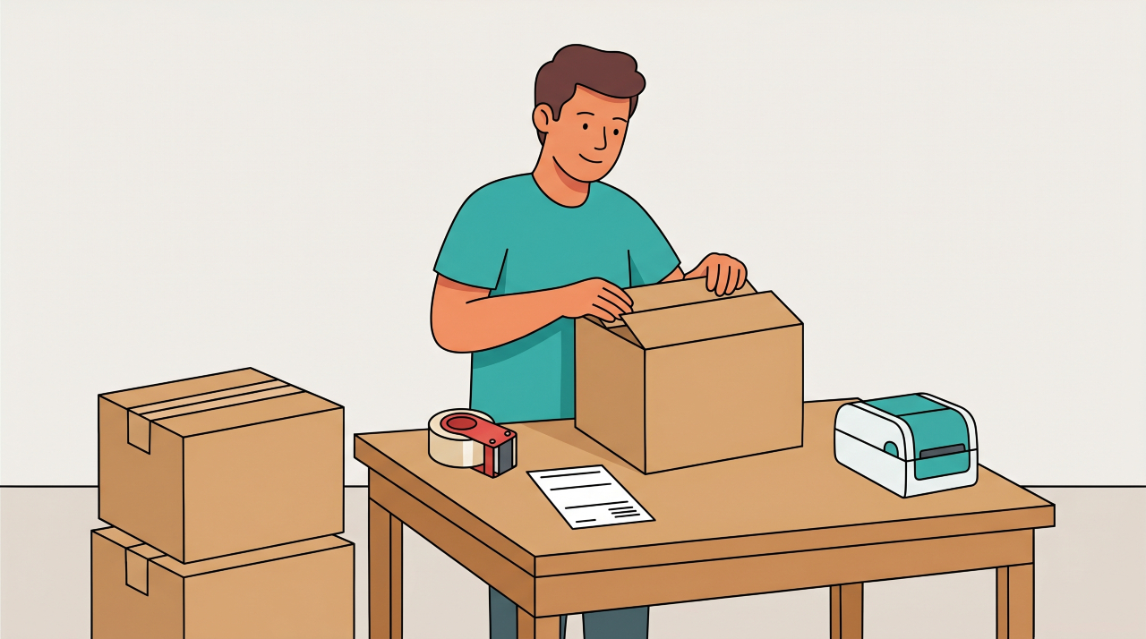 Person packing cardboard boxes for UK e-commerce orders illustrated
