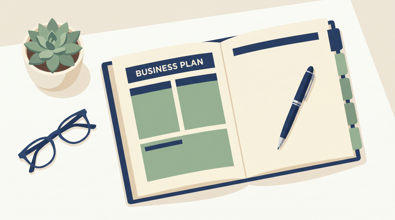 Business plan document sections laid out on a table with a pen