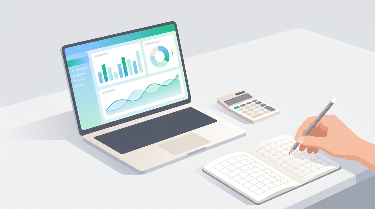 Financial forecasts spreadsheet open on a laptop next to a calculator