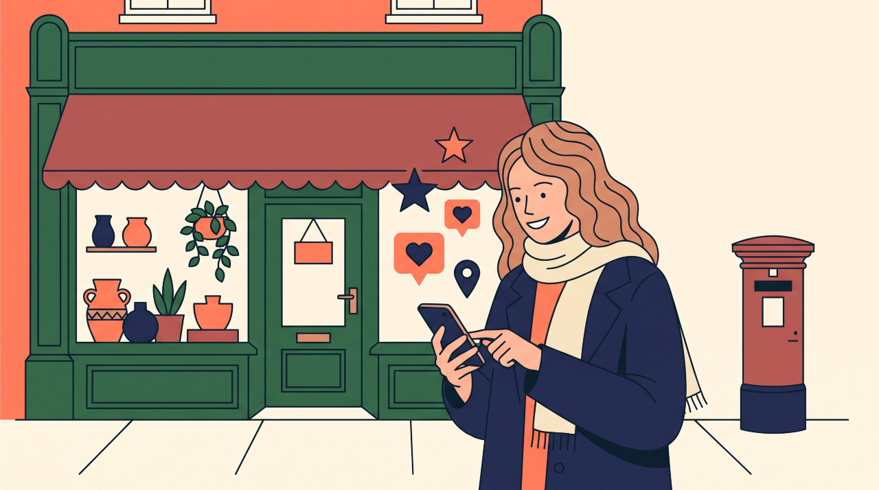 Independent UK shop owner checking Google Business Profile on smartphone outside store