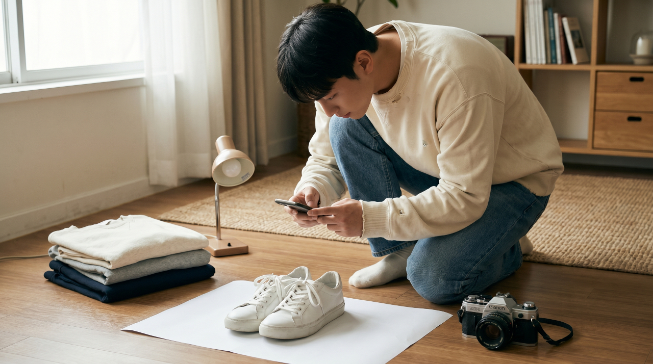Person photographing items to sell online as a UK side hustle from home