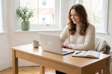 Young UK professional working on laptop planning best side hustles for 2026