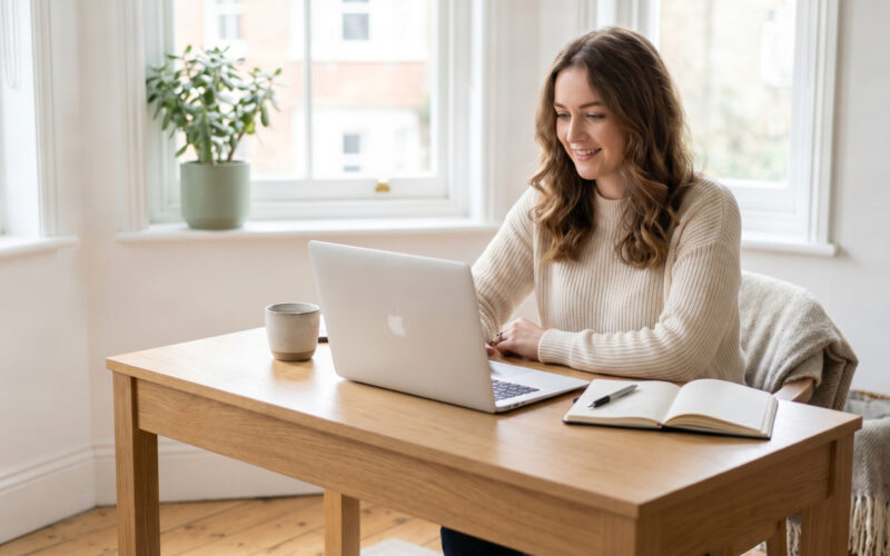 Young UK professional working on laptop planning best side hustles for 2026