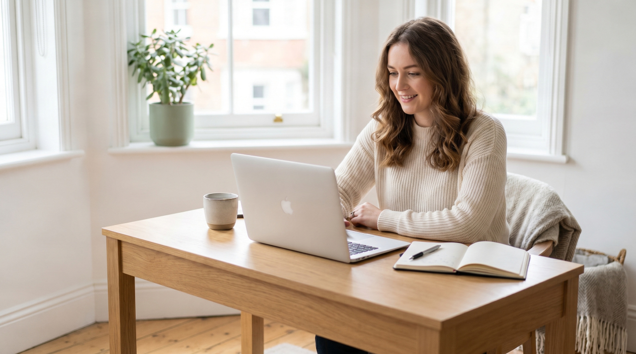 Young UK professional working on laptop planning best side hustles for 2026
