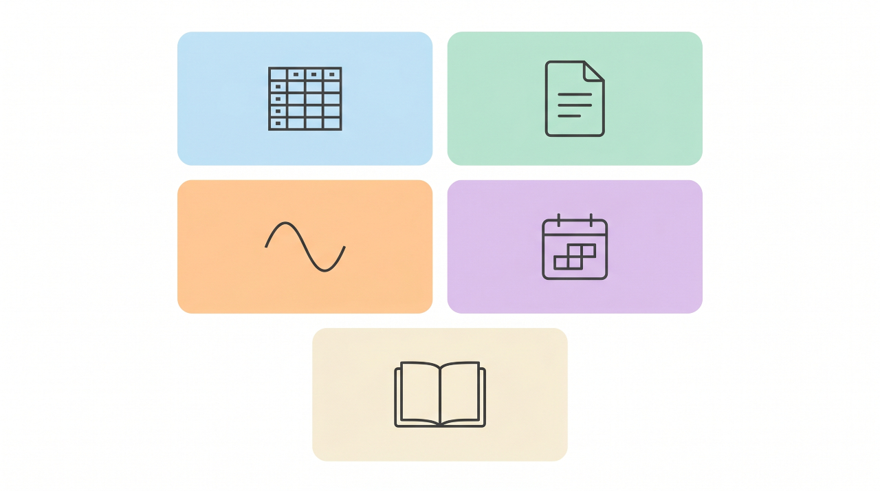 Five illustrated tool icons for bootstrapped startup financial modeling on pastel cards