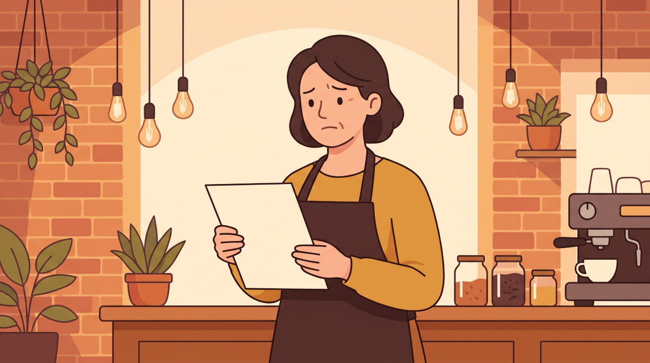 UK hospitality small business owner in café checking financial statements during inflation pressures