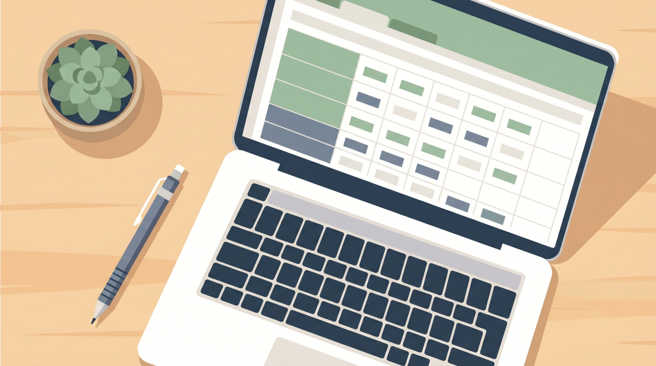 Clean financial spreadsheet layout displayed on laptop in minimal workspace illustration