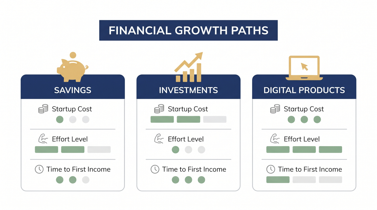 Illustrated infographic showing three passive income strategies for UK earners
