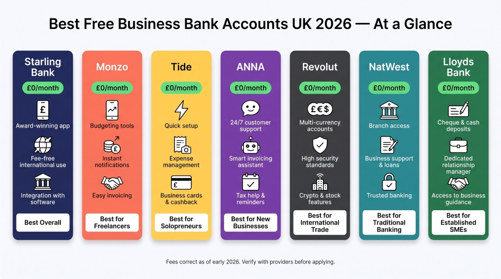 Infographic comparing the best free business bank accounts in the UK for 2026