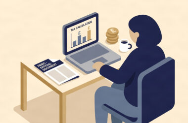 Flat vector illustration of UK business owner reviewing corporation tax rates and HMRC business tax documents on laptop