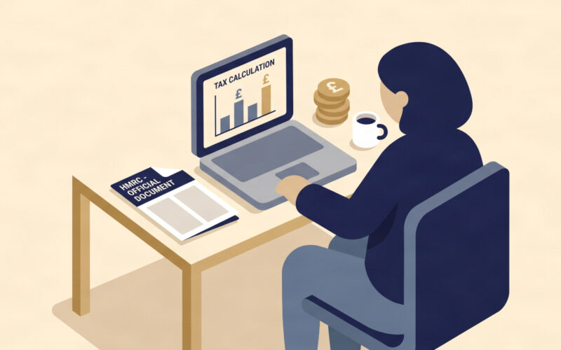 Flat vector illustration of UK business owner reviewing corporation tax rates and HMRC business tax documents on laptop