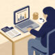 Flat vector illustration of UK business owner reviewing corporation tax rates and HMRC business tax documents on laptop