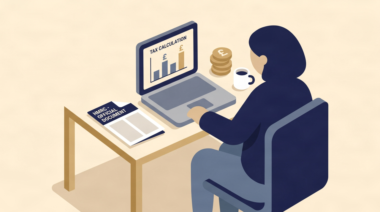Flat vector illustration of UK business owner reviewing corporation tax rates and HMRC business tax documents on laptop