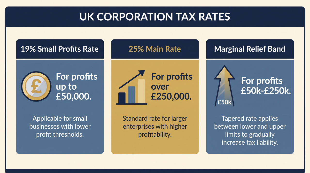 UK Corporation Tax rate comparison illustration showing 19% small profits rate and 25% main rate for business tax 2026