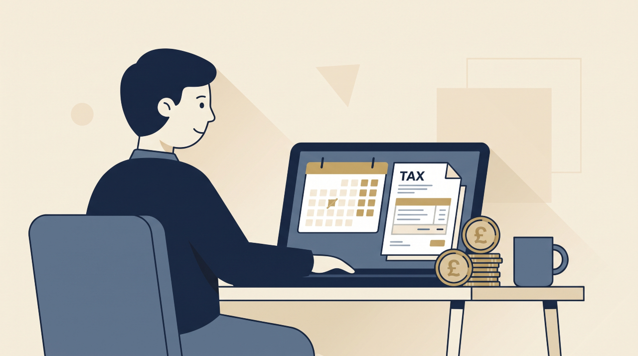 Illustrated UK small business owner reviewing HMRC business tax deadlines and corporation tax documents at a desk