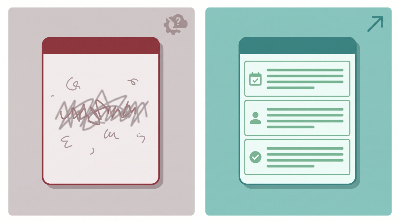 Side-by-side comparison of a vague CRM note versus a detailed structured CRM note