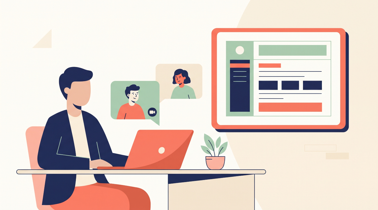 A manager briefing a small remote team on a CRM note template during a video call