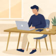 Flat illustration of a UK entrepreneur starting a home business from a minimal home desk setup.