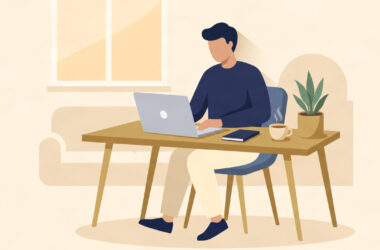 Flat illustration of a UK entrepreneur starting a home business from a minimal home desk setup.