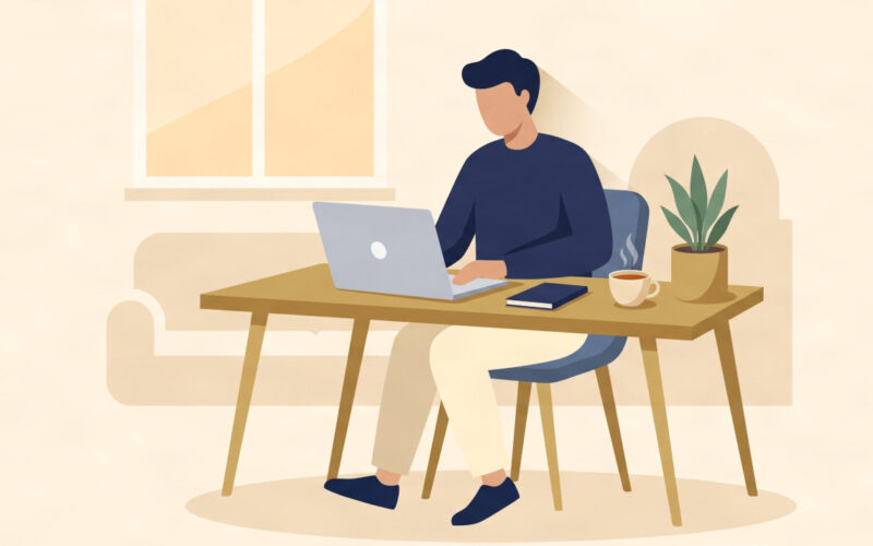 Flat illustration of a UK entrepreneur starting a home business from a minimal home desk setup.