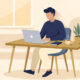 Flat illustration of a UK entrepreneur starting a home business from a minimal home desk setup.