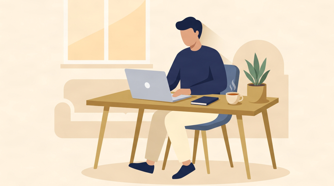 Flat illustration of a UK entrepreneur starting a home business from a minimal home desk setup.