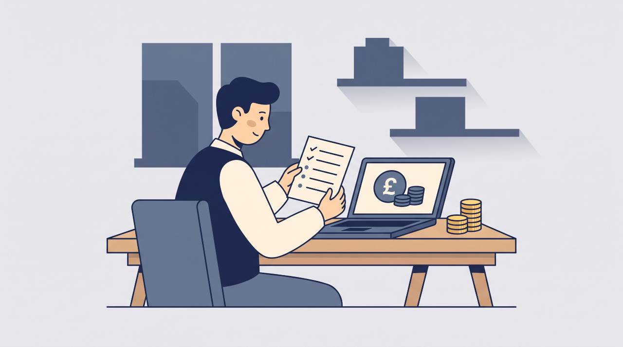 Flat illustration of a UK home business owner reviewing startup costs and a simple budget checklist.