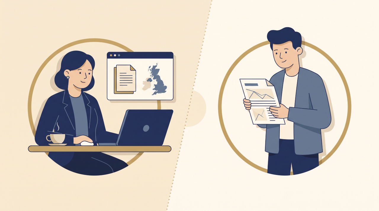 Flat illustration of a UK freelancer delivering a remote service to a home business client.