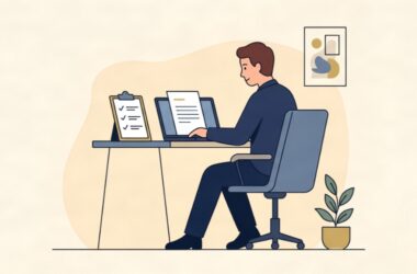 Flat illustration of a small business owner reviewing HR compliance documents on a laptop.