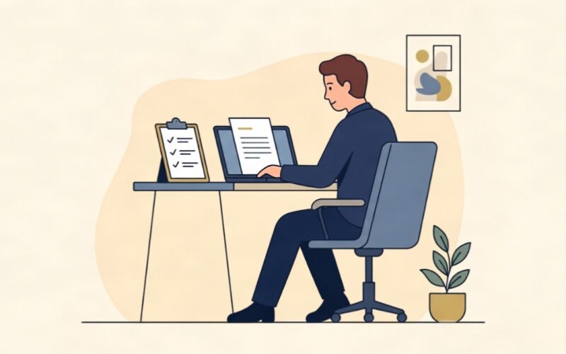 Flat illustration of a small business owner reviewing HR compliance documents on a laptop.
