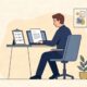 Flat illustration of a small business owner reviewing HR compliance documents on a laptop.