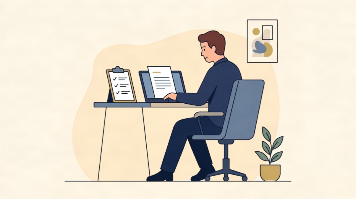 Flat illustration of a small business owner reviewing HR compliance documents on a laptop.