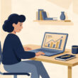 Flat illustration of a first-time UK entrepreneur planning a new business launch on a laptop.