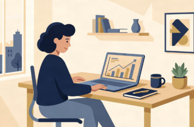 Flat illustration of a first-time UK entrepreneur planning a new business launch on a laptop.
