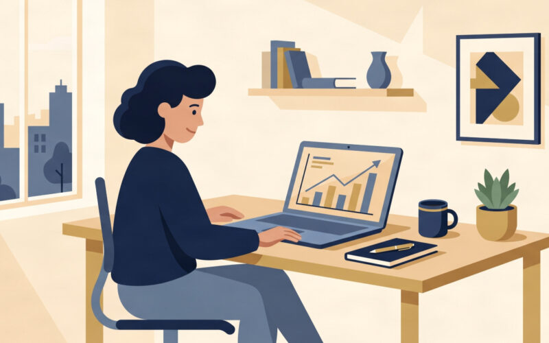Flat illustration of a first-time UK entrepreneur planning a new business launch on a laptop.