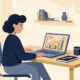 Flat illustration of a first-time UK entrepreneur planning a new business launch on a laptop.