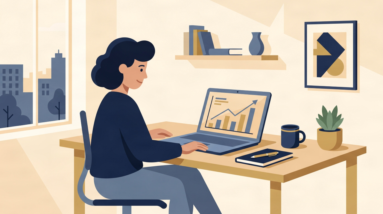 Flat illustration of a first-time UK entrepreneur planning a new business launch on a laptop.