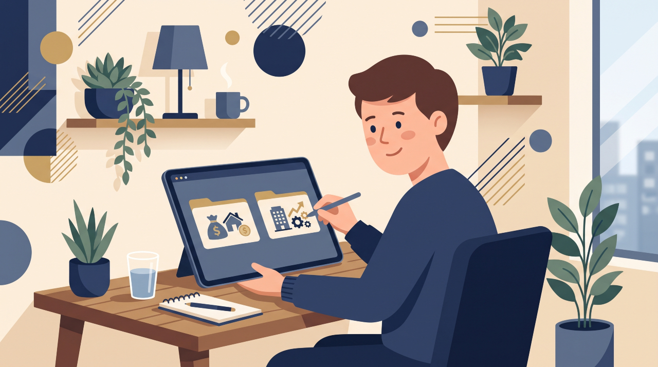 Flat illustration of a UK entrepreneur separating personal and business finances clearly.
