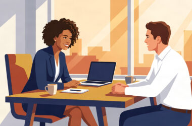 Small business owner interviewing first salesperson in a bright UK office