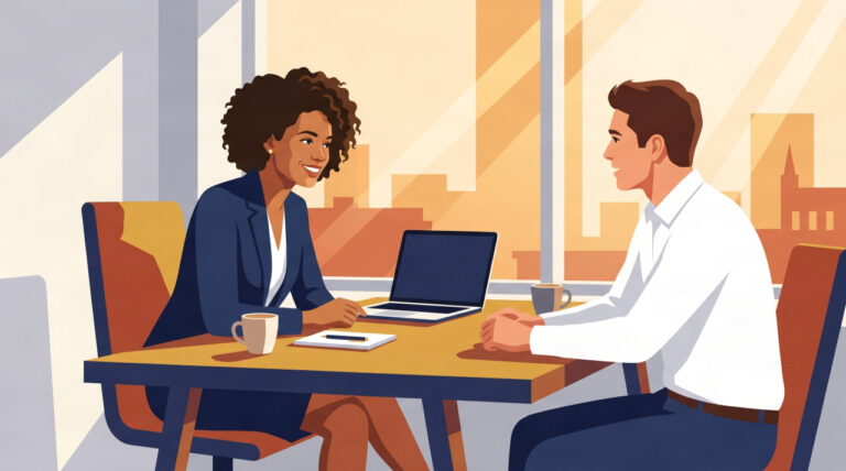Small business owner interviewing first salesperson in a bright UK office