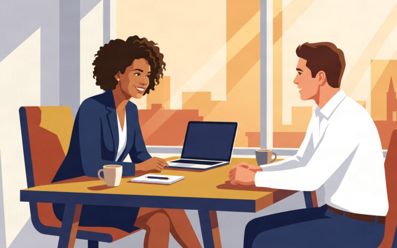 Small business owner interviewing first salesperson in a bright UK office