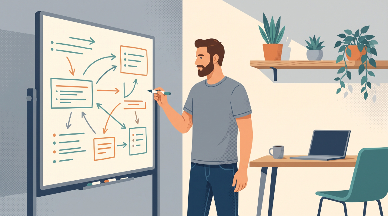 Business founder writing out a sales process plan on a whiteboard