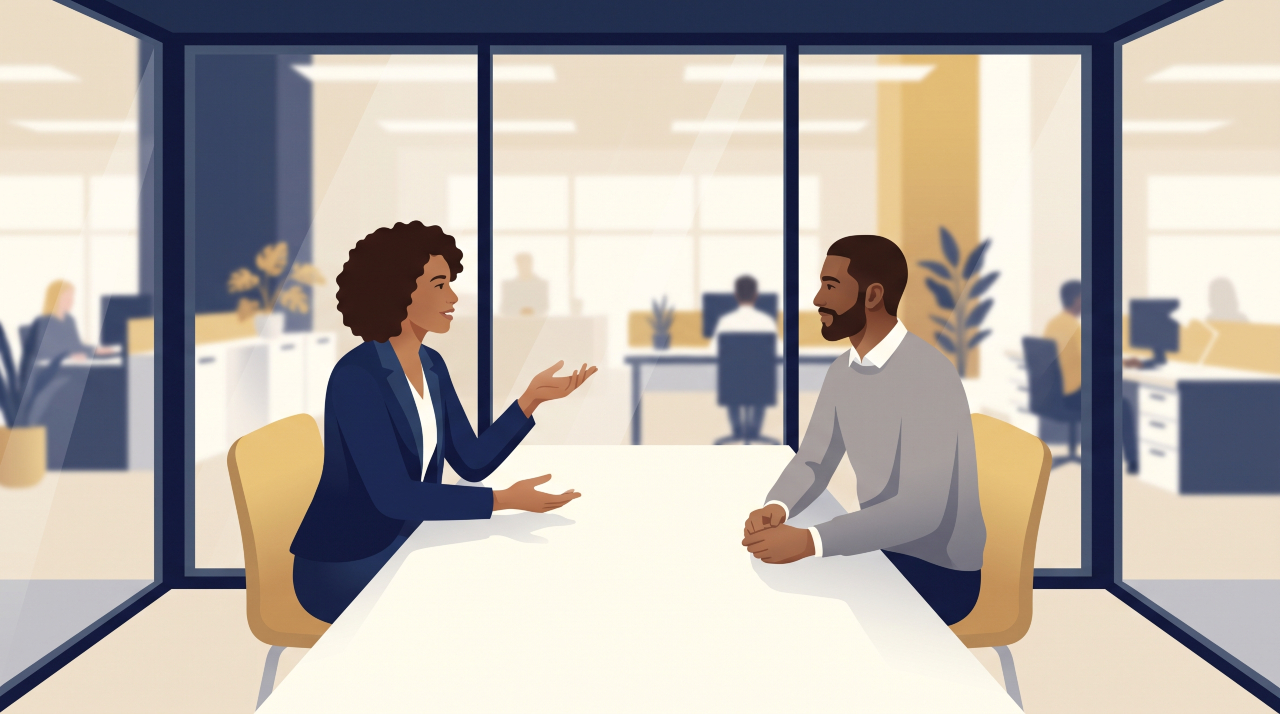 Two professionals in a salary discussion at a glass-walled UK office meeting room