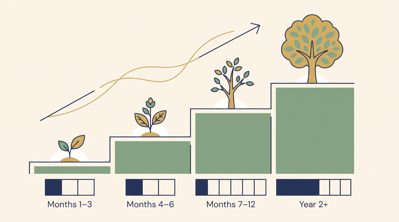 UK online course creator income progression chart from month one to year two
