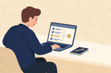 Flat illustration of a first-time UK entrepreneur planning the steps to start their own business.