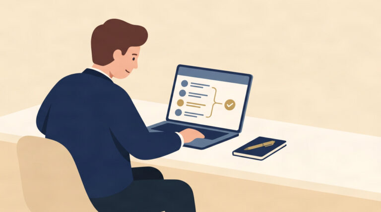 Flat illustration of a first-time UK entrepreneur planning the steps to start their own business.