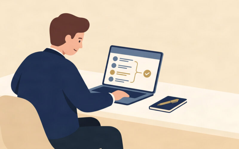Flat illustration of a first-time UK entrepreneur planning the steps to start their own business.