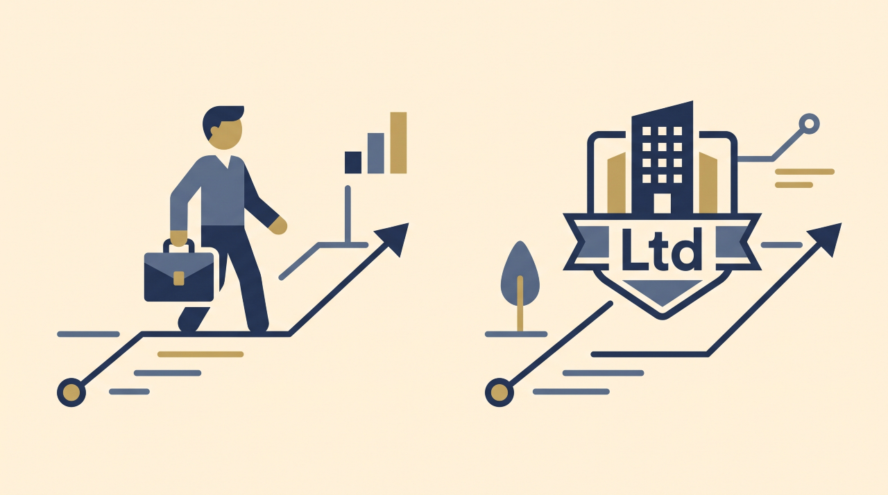 Flat illustration comparing sole trader and limited company business structures in the UK.