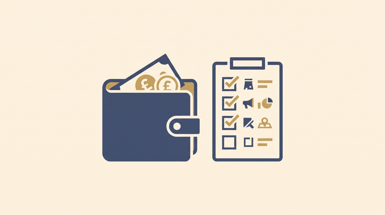 Flat illustration of a first-year UK business startup cost budget overview.
